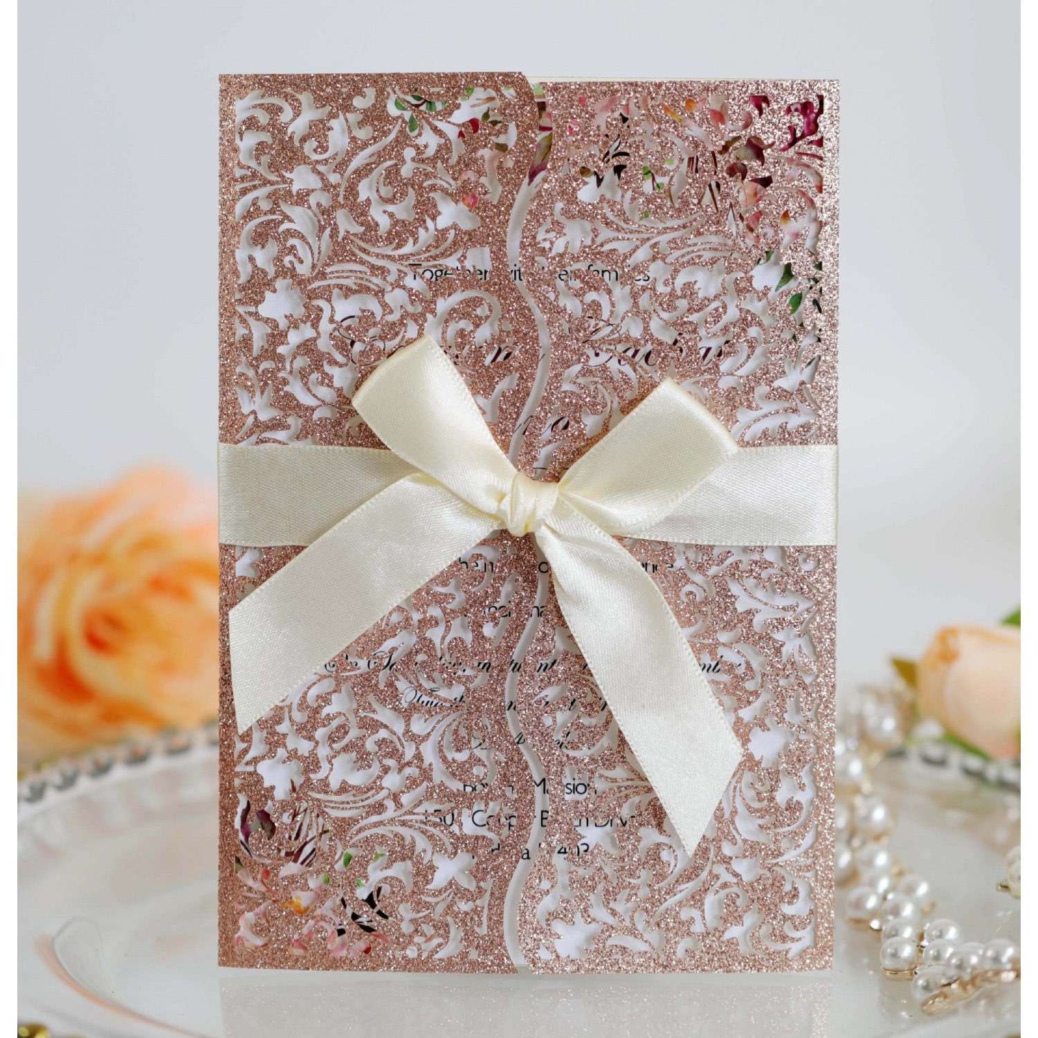 Marriage Invitation Card With Ribbon Bow Laser Cut Glitter Paper Wedding Supplies